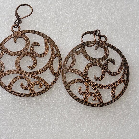 Round Antique Bronze Hued Filigree Earrings - Picture 6 of 12